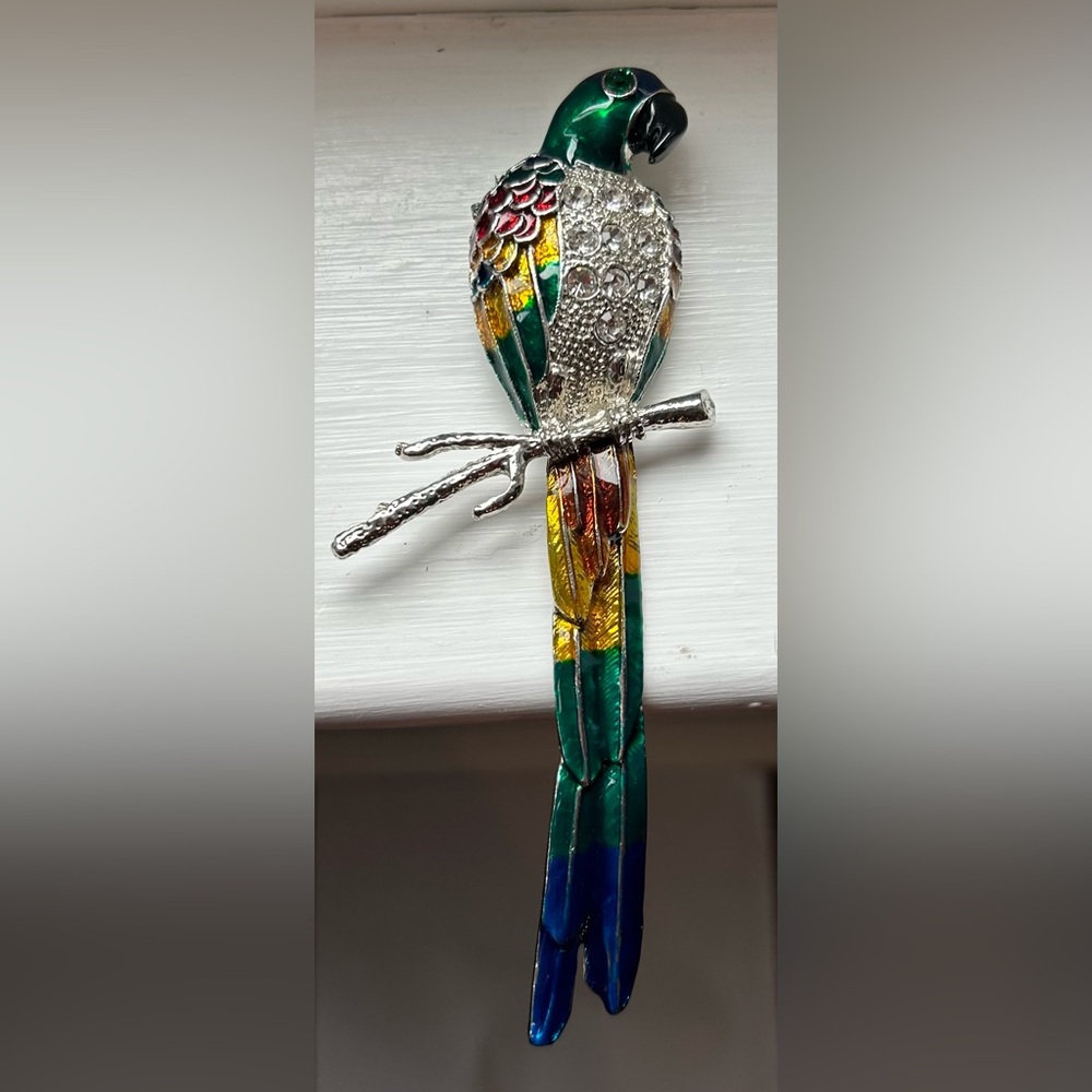 Large Tropical Parrot Bird Blue Green Guilloche Enamel Rhinestones Brooch